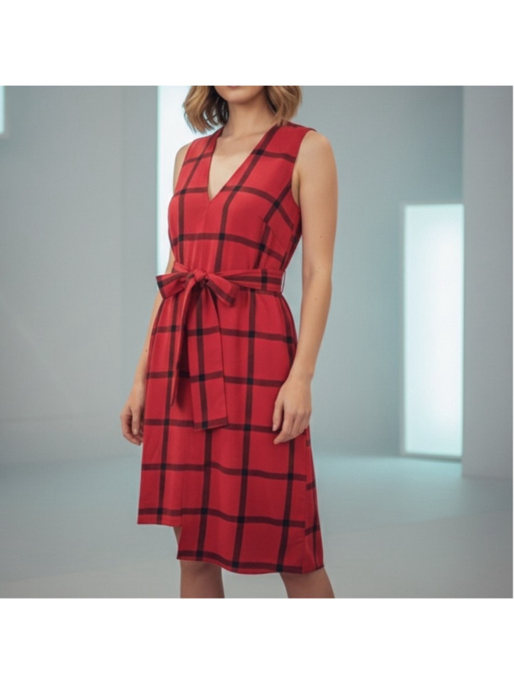 Cheap Monday Rizzle Check Red Flannel Asymmetric Stepped Hem Dress Size S